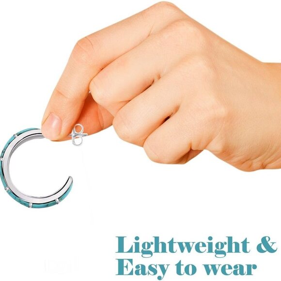 Sterling Silver Turquoise Hoop Earrings Women Gift Jewelry Wedding Anniversary - Picture 6 of 6